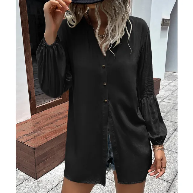 Autumn And Winter New European And American Leisure Loose Single breasted Shirt Dress Black - Shop at LoveMi