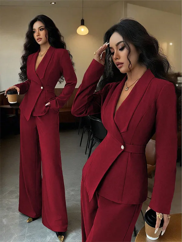 Women's Long sleeved Suit Jacket Straight leg Pants Top And Bottom Red - Shop at LoveMi