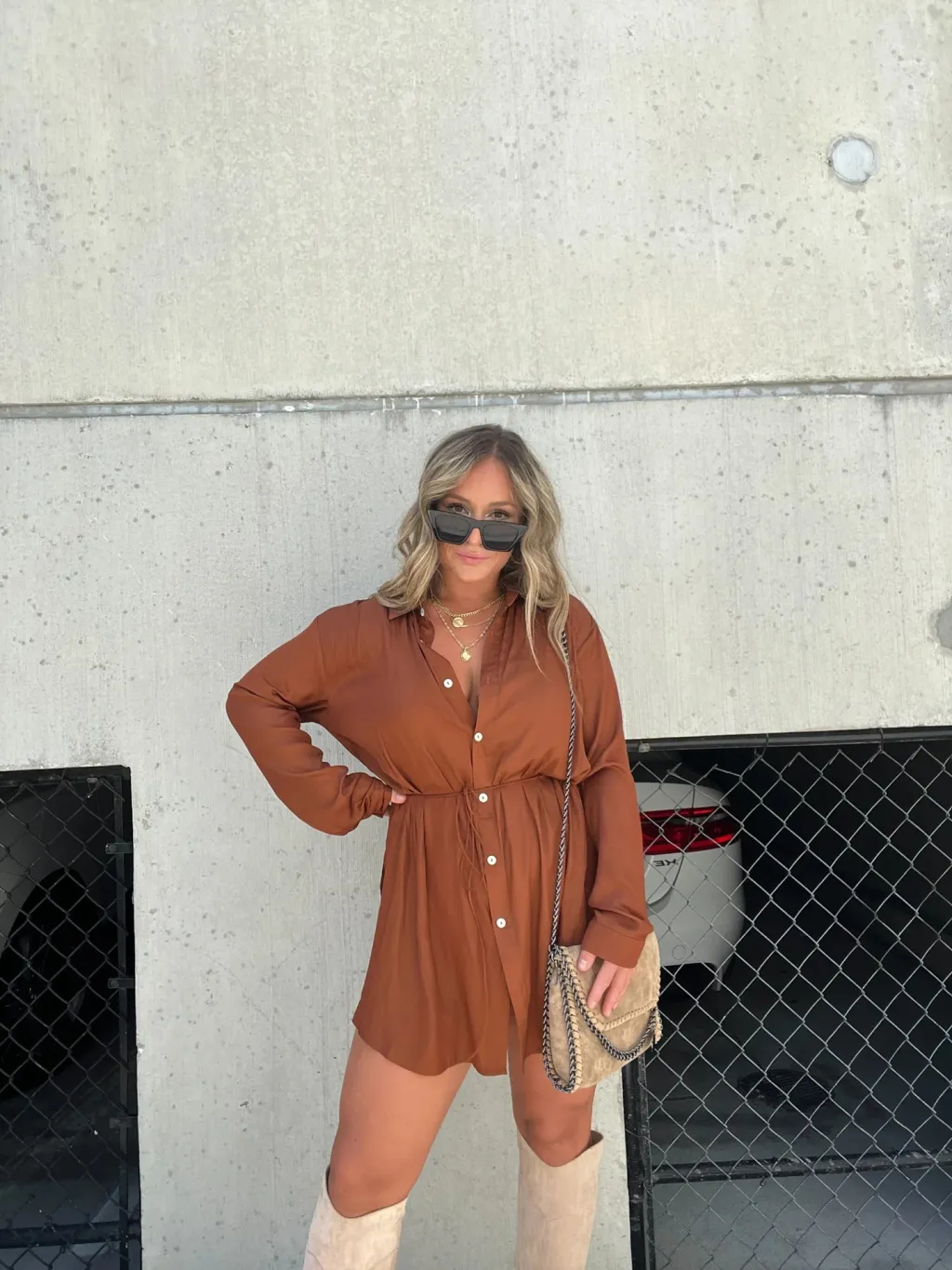 Women's Long Sleeve Jumpsuit With Button Fashion Shirt Dress - Rust-L