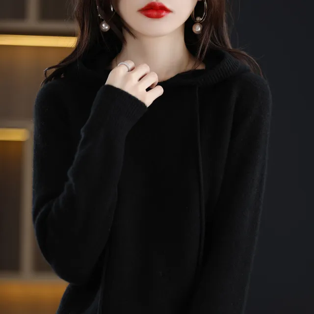 Loose Drawstring Casual Pullover Solid Color Outerwear Hooded Knitted Hoodie Black - Shop at LoveMi