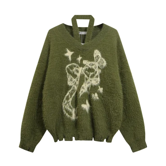 Real Shot Idle Style Bowknot Halter Strap Mink Sweater Green - Shop at LoveMi
