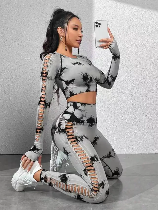 Tie dye Hollow out Seamless Yoga Suit Long sleeved Hip lifting Trousers Light Gray - Shop at LoveMi