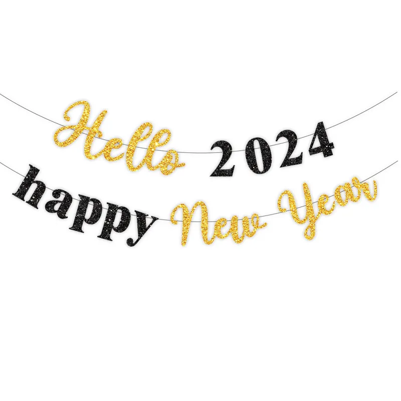 Party Hello Banner Layout Glitter Happy New Year Letter Hanging Flag - Gold Black Hanging Flag