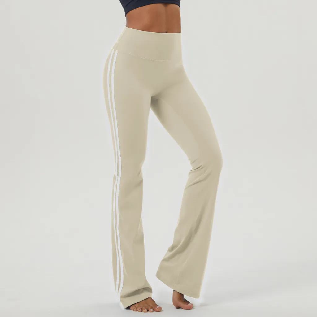 Women's Contrast Striped Yoga Flared Trousers - Cream
