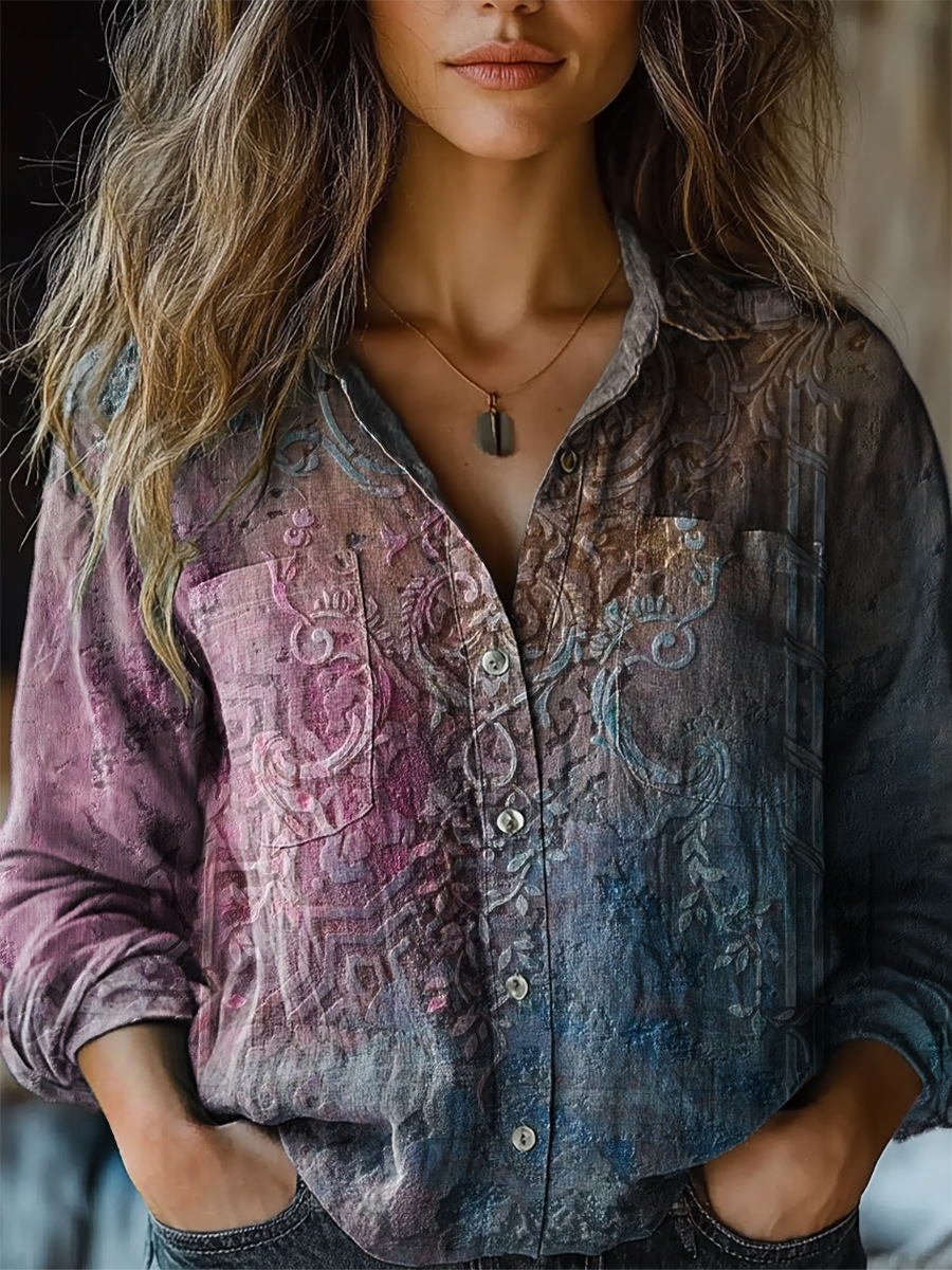 Womens 3D Printed Abstract Pattern Long-Sleeve Shirt