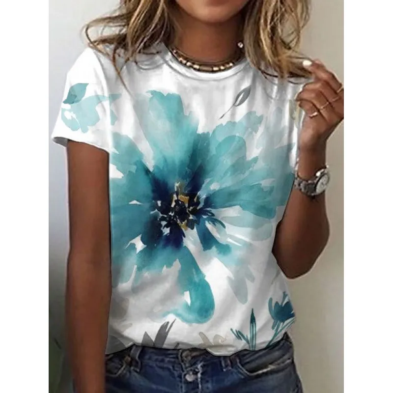 Women's Floral Print Short Sleeve T-shirt Top - White