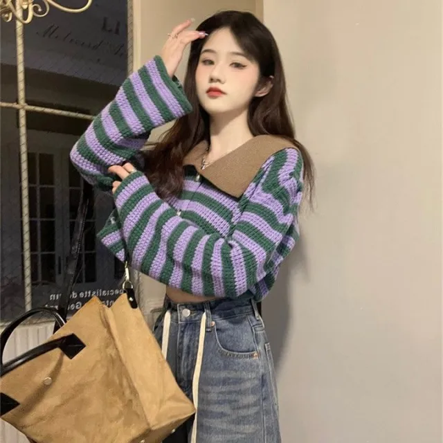 Short Long Sleeve Knitted Cardigan Design Blouse Purple - Shop at LoveMi