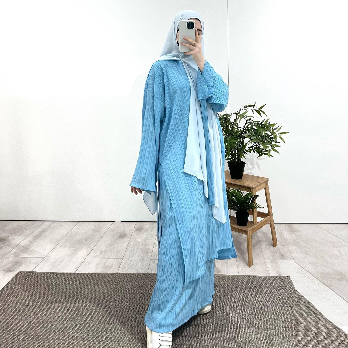 Mid-length Long Sleeve Champray Robe Skirt Suit