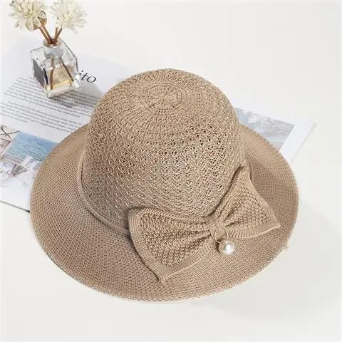 Hat Pearl Summer Women's Breathable Foldable Pearl Bow Sun Protection Khaki - Shop at LoveMi
