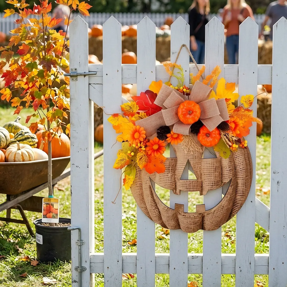 Artificial Flower And Wooden Pumpkin Hanging
