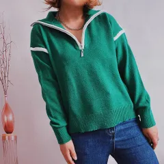 Casual Knitted Zipper And Lapel Contrast Color Long Sleeves Women's - Green - View 1