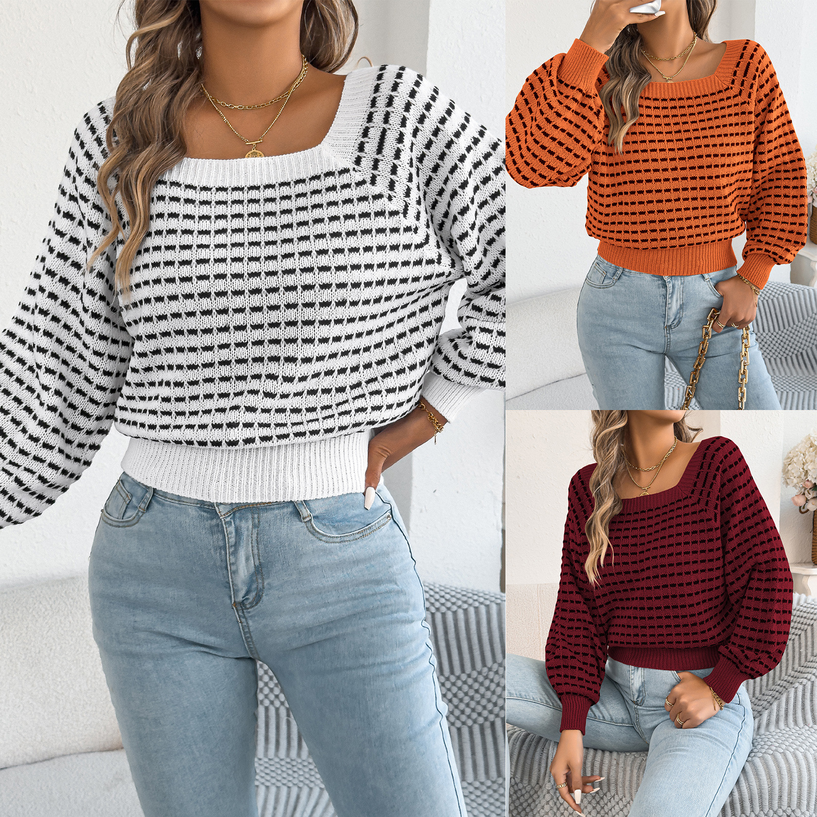 Autumn Winter Square-Neck Color-Block Striped Waist-Cinching Puff-Sleeve Sweater For Women