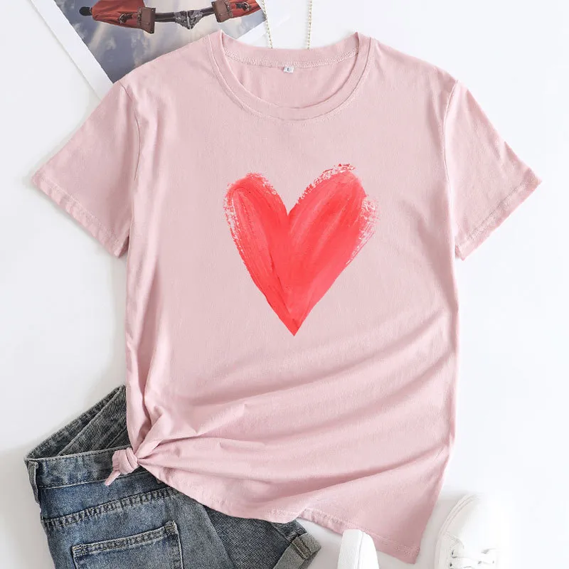 Women's Heart Printing Round Neck Short-sleeved T-shirt - Pink