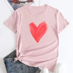 Women's Heart Printing Round Neck Short-sleeved T-shirt - Pink - View 1