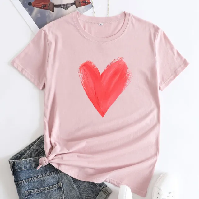 Women's Heart Printing Round Neck Short sleeved T shirt Pink - Shop at LoveMi