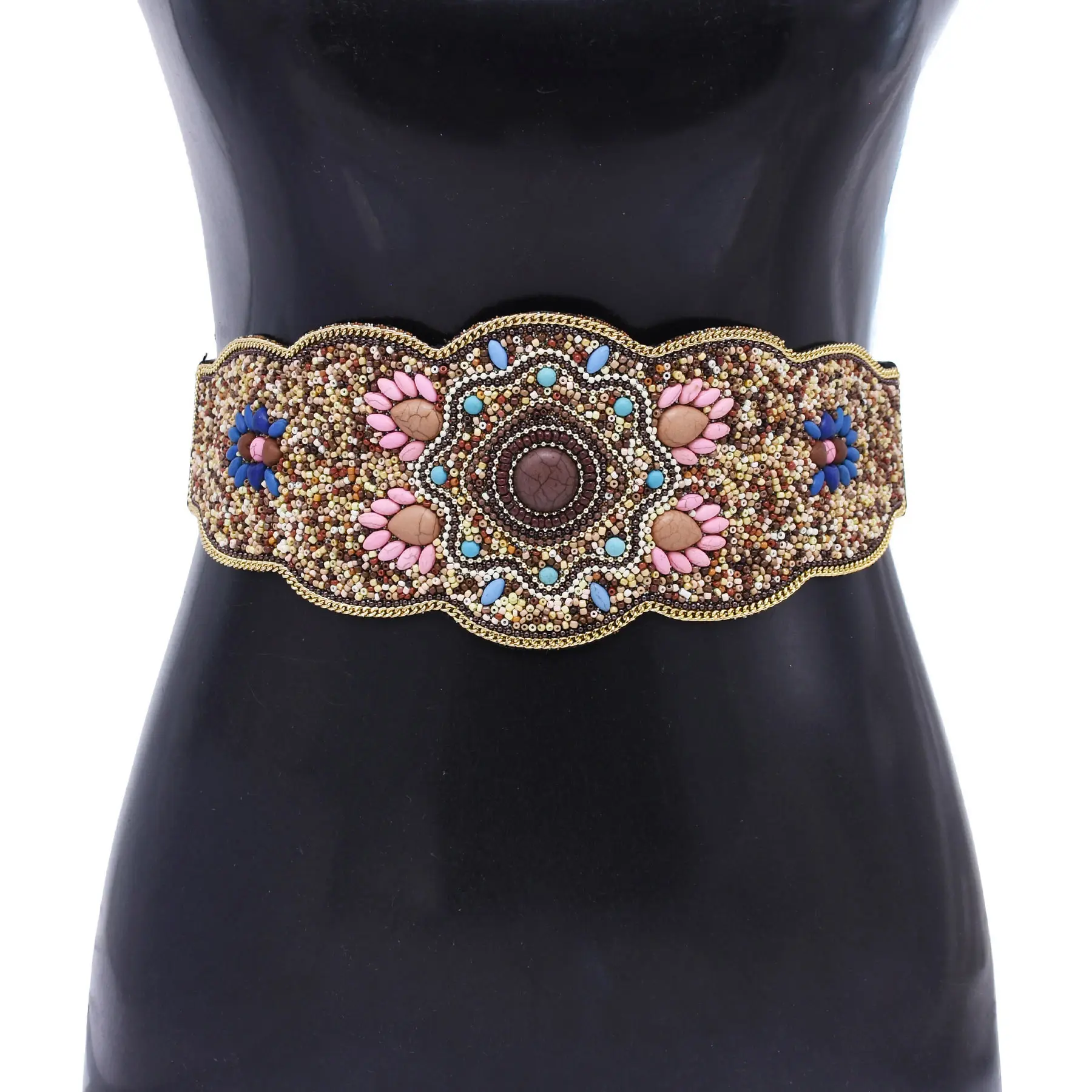 Beaded And Pressed Imitation Turquoise Elastic Waistband