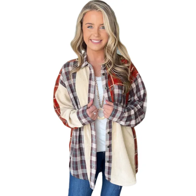 Plaid Corduroy Patchwork Shirt European And American Autumn And Winter Long Sleeve Jacket Red - Shop at LoveMi