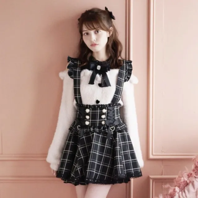 Japanese Style Lace Ribbon Bow Strap Dress Black Plaid Suspender Skirt - Shop at LoveMi