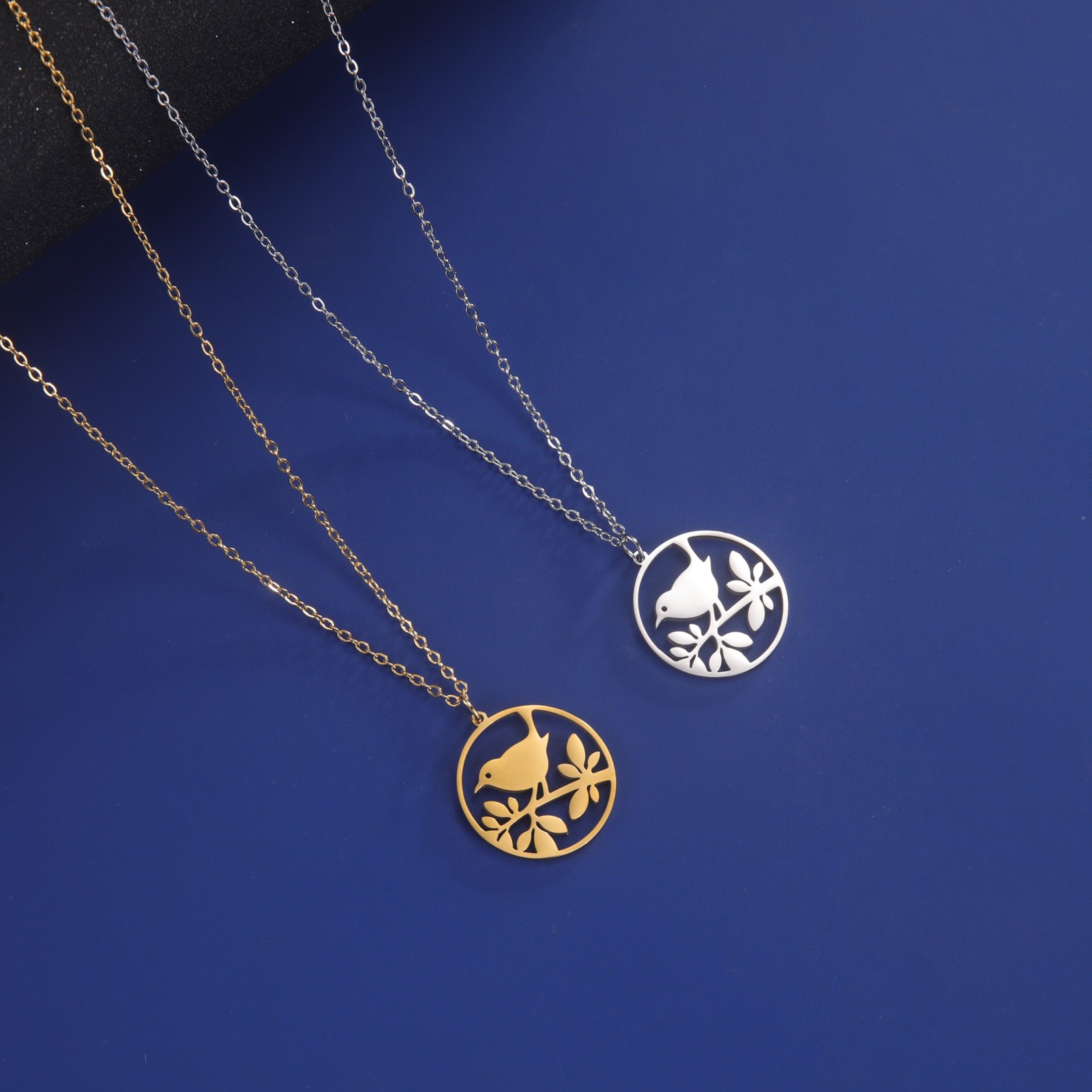 Simple Hollow Round Brand Branch Bird Pendant Stainless Steel Necklace