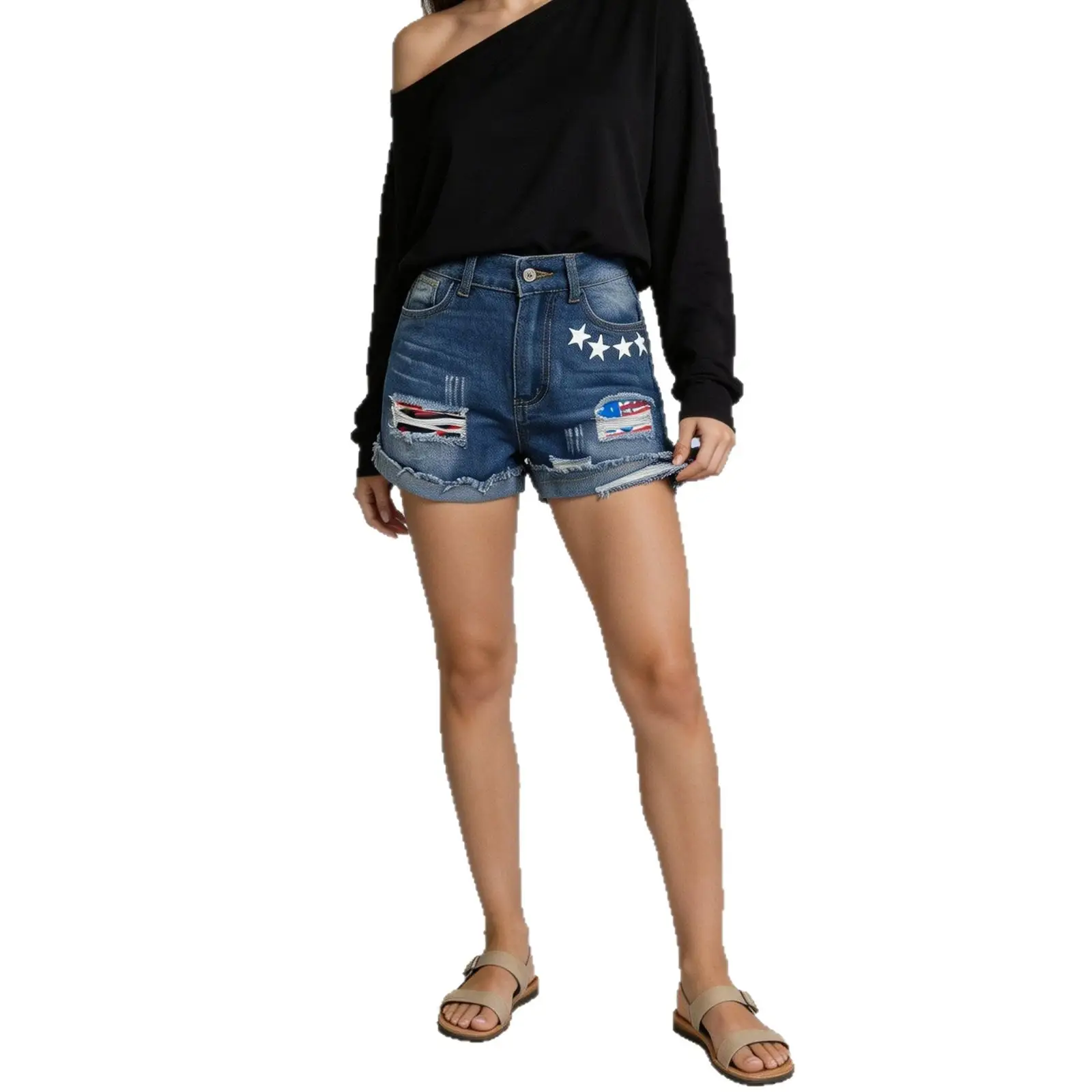 Womens Denim Shorts With Turned-up Hem And Print Pattern