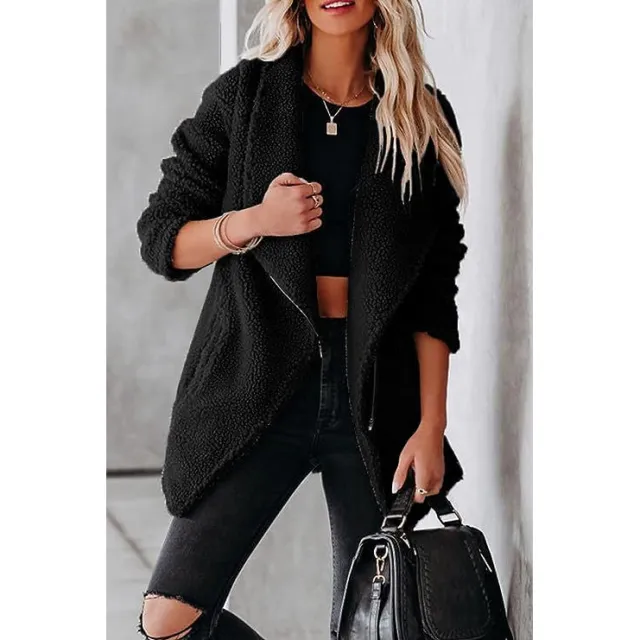 Fashion Casual Wool Lamb Jacket Zipper Pocket Fleece Coat Black - Shop at LoveMi