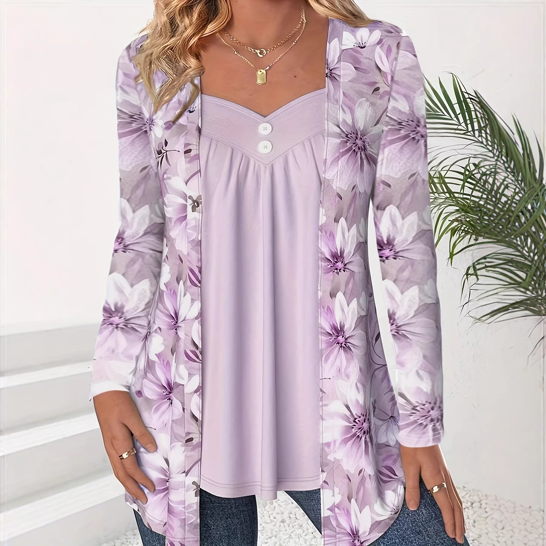 Fashionable Two-in-One Printed Long-Sleeve Top With Buttons