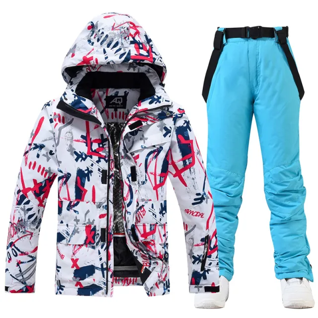 Ski Suit Women's And Men's Suit Winter Windproof And Water repellent Red Flower Light Blue Pants - Shop at LoveMi