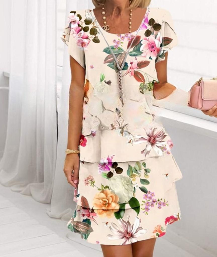 Short Sleeve Round Neck Dress Beige Flowers - Shop at LoveMi