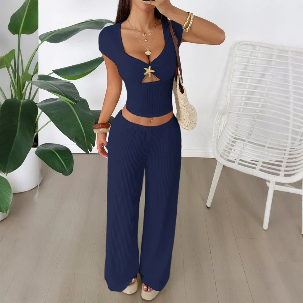Sports Style Short Sleeve Vest Wide-leg Pants Suit For Women - Dark Blue