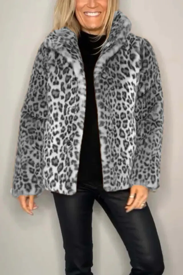 Winter New Women's Fashionable Leopard Print Lapel Faux Leather Woolen Top Gray - Shop at LoveMi
