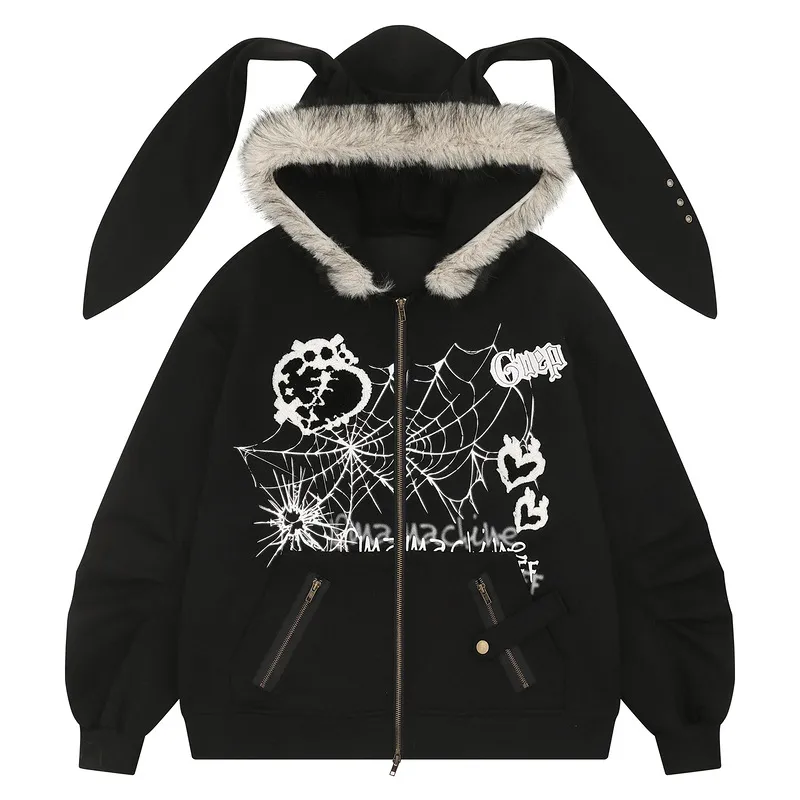 Fur Collar Rabbit Ears Sweater Women's Sub-culture Design Sense Niche Cardigan - Black