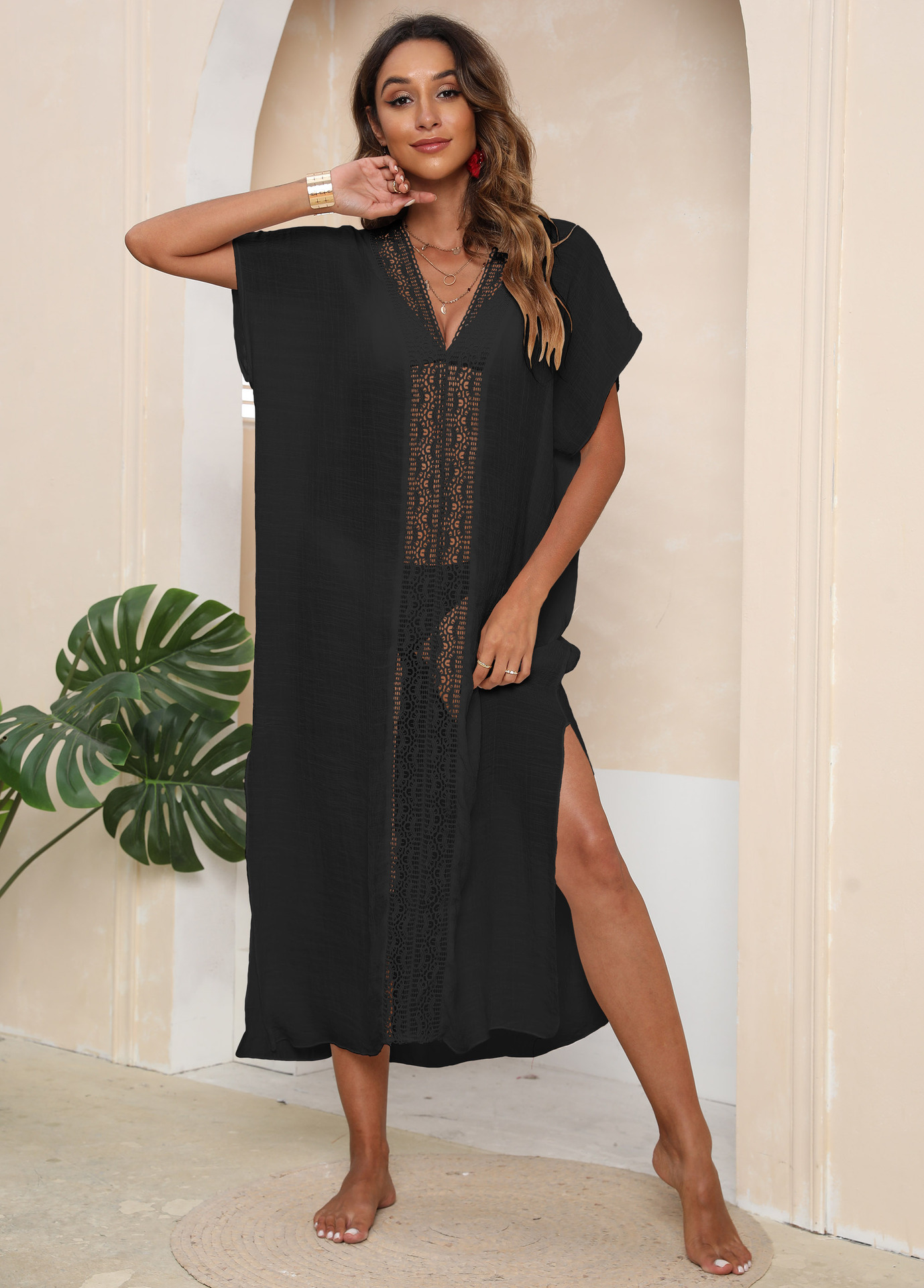 Vacation Style Lace V neck Patchwork Split Dress Bikini Overskirt Black - Shop at LoveMi