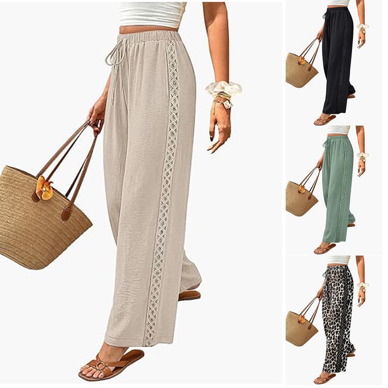Womens Drawstring-waist Patchwork-lace Casual Loose-fitting Wide-leg Pants With Pockets