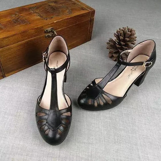 Retro Hollow out Roman Shoes Thick Mid Heel Buckle Toe Cap Black - Shop at LoveMi