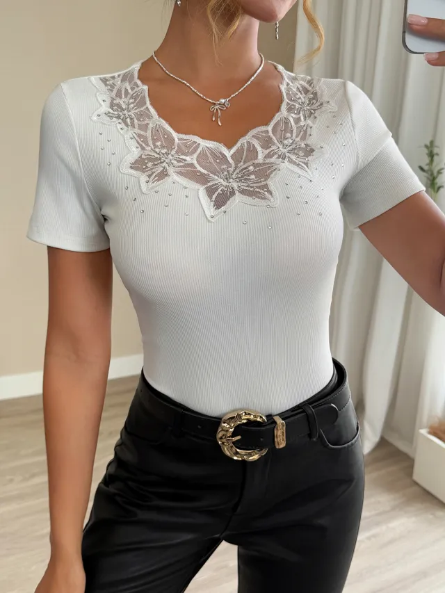 Rhinestone Patch Slim fit Short sleeved Women's T shirt Shoulder White - Shop at LoveMi