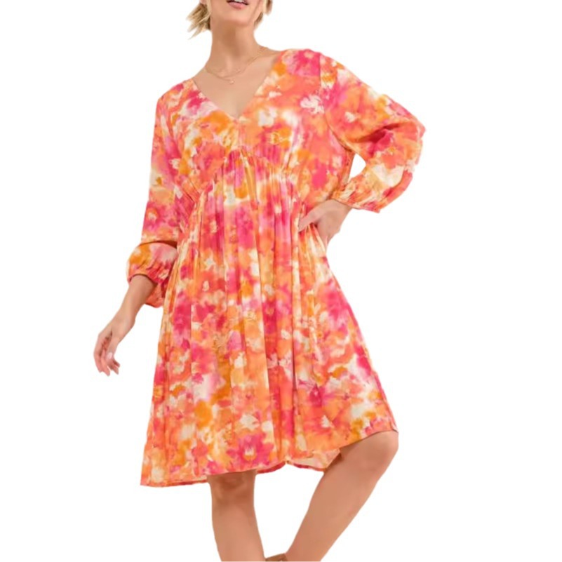 Slim Fit Tied Temperament Printed Waist-controlled Long Sleeves Dress