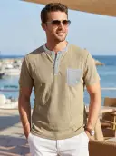 Mens Color-Block Pocket Waffle-Knit Henley T-Shirt view 9