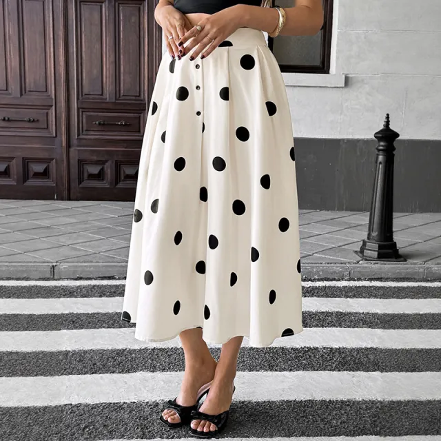 New Exquisite Polka dot Retro Elegant A line Skirt Apricot - Shop at LoveMi