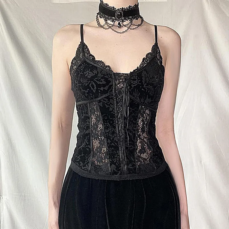 Dark Lace Camisole Vintage Court Style - Black
