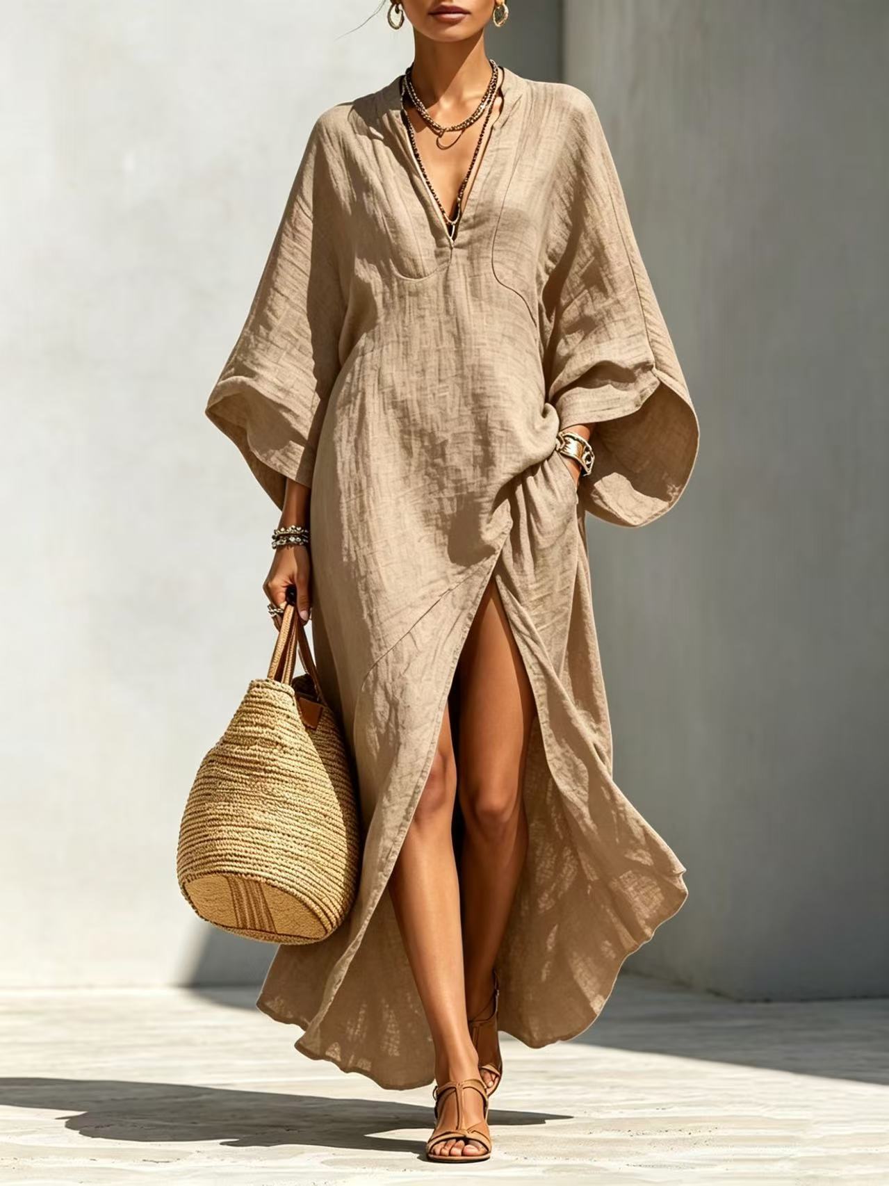 Women's batwing sleeve maxi dress in khaki – front view