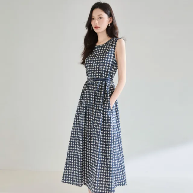 Cotton Round Neck Sleeveless Waist Slimming Temperament Commute Dress Plaid - Shop at LoveMi