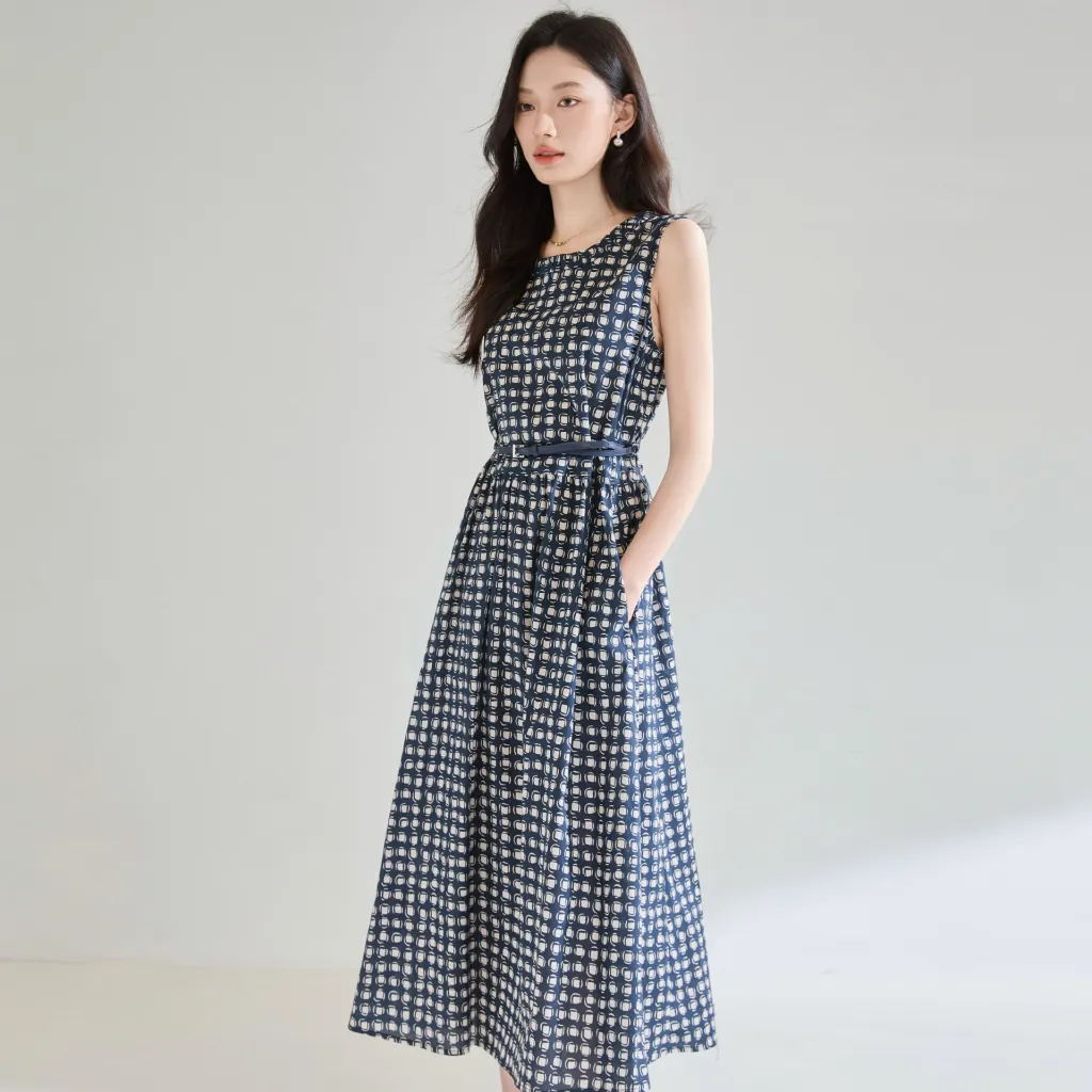 Cotton Round Neck Sleeveless Waist Slimming Temperament Commute Dress - Plaid