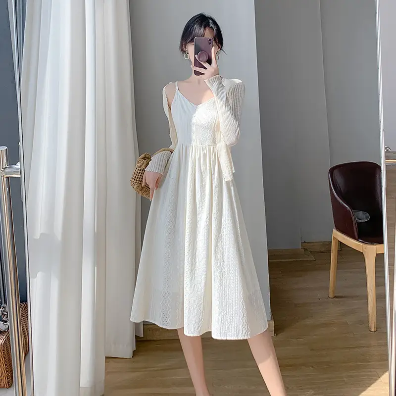 Retro Waist-controlled Slimming Cotton Embroidery Lace Strap Dress Mid-length