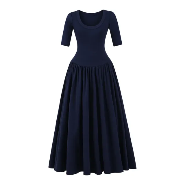 Ballet Style Slim U Collar Pleated Dress Navy Blue - Shop at LoveMi