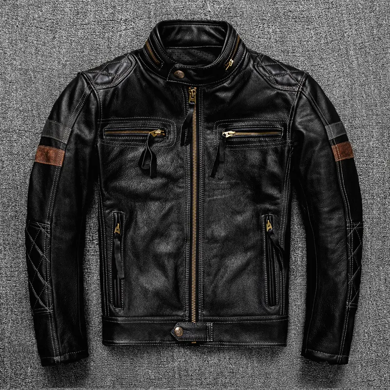 First Layer Cowhide Leather Coat Men's Stand Collar Motorcycle