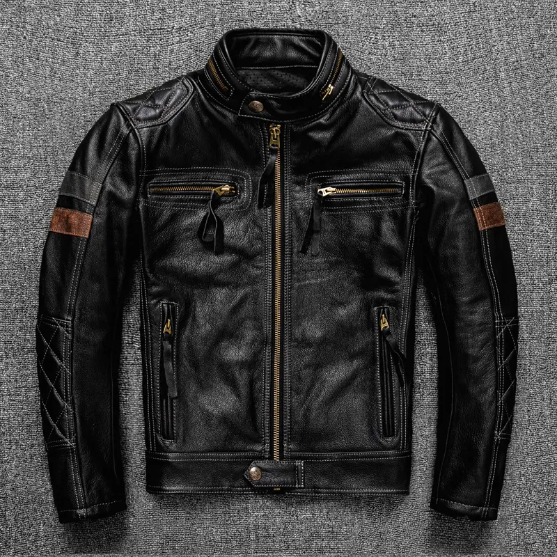 First Layer Cowhide Leather Coat Men's Stand