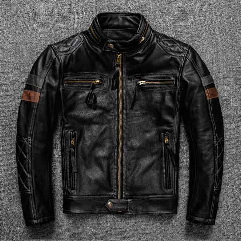 First Layer Cowhide Leather Coat Men's Stand Collar Motorcycle