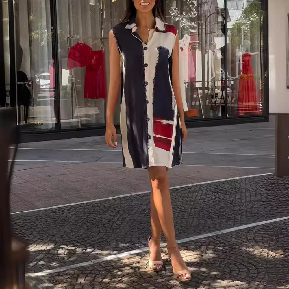 Sleeveless Printed Button Dress Women