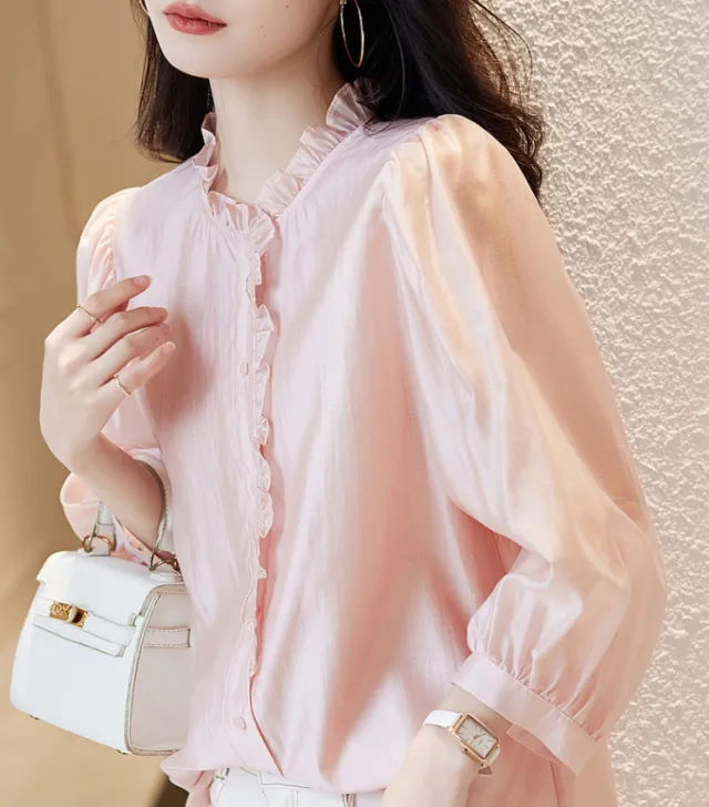 Nine quarter Sleeve Shirt Women's Puff Sleeve Thin Solid Color Top Pink - Shop at LoveMi
