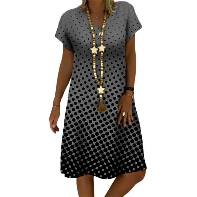 Spring And Summer European And American Women's Clothing Printed V neck Short Sleeve Mid length Dress Gray - Shop at LoveMi